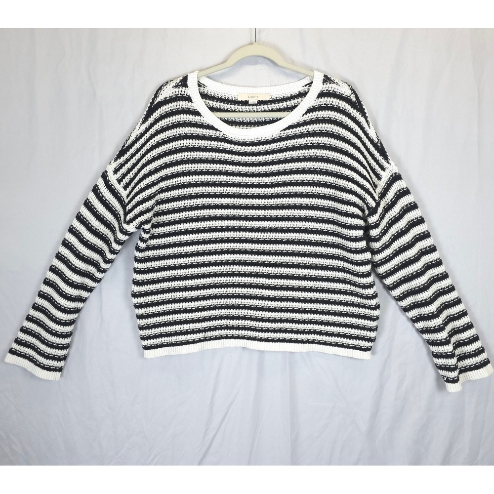 LOFT Striped Crochet Knit Sweater Women XL Black‎ White Long Sleeve Pullover